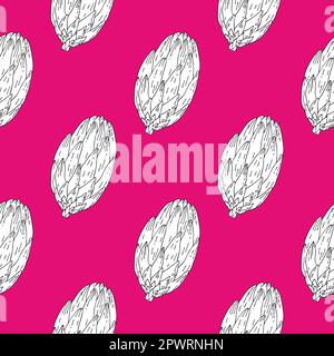 Hand drawn vector seamless pattern line art white flowers king protea on a pink background.  Stock Vector