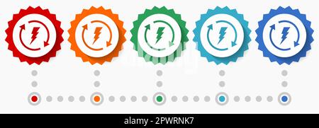 Energy, electricity vector icon set, colorful infographic template, set of flat design badge icons in 5 color options Stock Vector