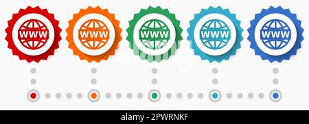 Web, www and internet vector icon set, colorful infographic template, set of flat design badge icons in 5 color options Stock Vector