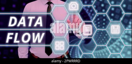 Conceptual caption Data Flow, Word for the movement of data through a system comprised of software Stock Photo