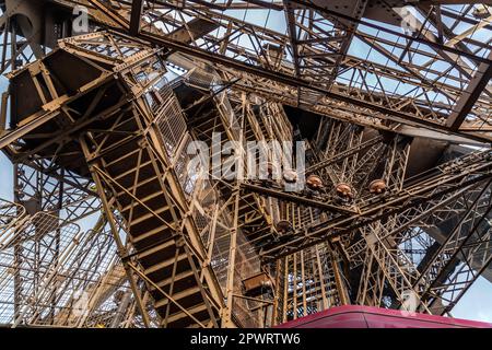 Detail from the iconic Eiffel Tower, wrought-iron lattice tower designed by Gustave Eiffel on the Champ de Mars in Paris, France. Stock Photo