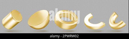 Isolated abstract geometric gold 3d shape vector object. Realistic golden cylinder and ring element on transparent background. Creative trendy geometr Stock Vector