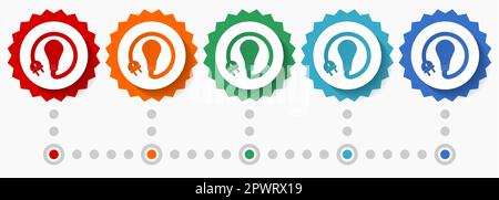 Bulb, innovation, electricity vector icon set, colorful infographic template, set of flat design badge icons in 5 color options Stock Vector
