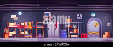 Cartoon secret bunker room bedroom on underground base. Nuclear shelter interior on submarine with closed door. Safe military capsule in basement with Stock Vector