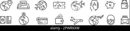 Travel, vacation and plane trip. Destination, save, payment methods etc. Pixel perfect, editable stroke icons set Stock Vector