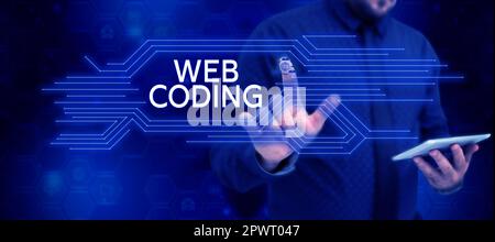 Writing displaying text Web Coding, Concept meaning work involved in developing a web site for the Internet Stock Photo