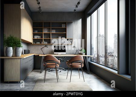 Corner of grey and brown office interior with desk, stylish niche, cabinets, panoramic view, three rolling chairs and concrete floor. Concept of moder Stock Photo