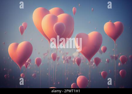 Bunch of heart balloons floating in the air, 3D illustration art design ...