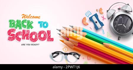 Back to school vector design. Back to school greeting text with color pencil supplies and art drawing tools in background. Vector illustration school Stock Vector