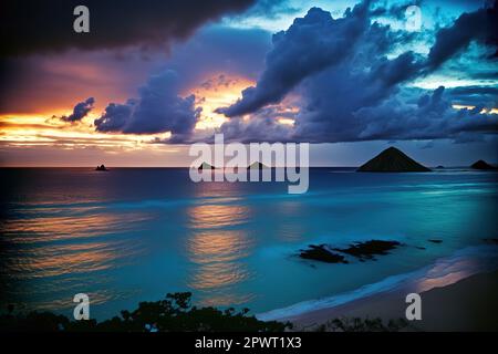 Pre-dawn view of the Moku islands at Lanikai Beach, Oahu, Hawaii stock photo Beach, Cloud - Sky, Coastline, Color Image, Dawn. Stock Photo