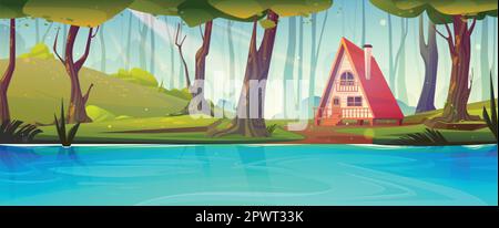 Lonely Riverside Vector panoramic cartoon landscape with the lonely tree against the see ...