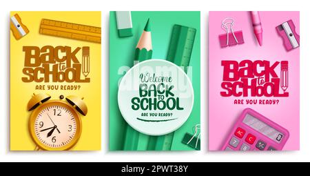 Back to school vector poster set design. School back text in empty space with educational elements. Vector illustration education background Stock Vector