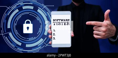 Sign displaying Software Tester, Internet Concept implemented to protect software against malicious attack Stock Photo
