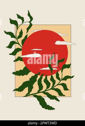 Sky with clouds and red sun illustration minimalist poster. Mid century modern vector art Stock Vector