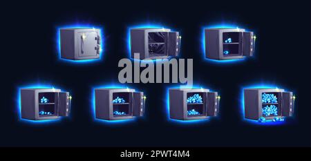 Safe box with gem vector icon illustration. Open vault locker game bank or store bundle. Isolated steel lock storage door with blue neon glowing and s Stock Vector