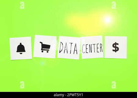 Conceptual caption Data Center, Word Written on a repository that houses computing facilities like servers Stock Photo