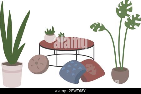 Vector illustration in a flat style. Hyugge Style Attributes: Patterned Pillows, Coffee Table and indoor plants: succulents, sansevieria, monstera. Potted greens, a small home greenhouse, conservatory Stock Vector