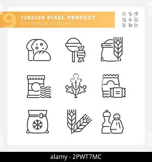 Supermarket products pixel perfect linear icons set Stock Vector