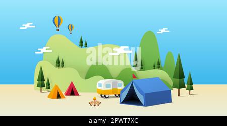 Concept of wanderlust, travel, and camping adventure. Cartoon tourist camp with picnic spot and tent among forest, mountain landscape. Summer Background. Vector illustration in flat style. Vector illustration Stock Vector