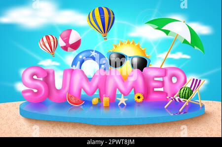 Summer 3d text vector design. Summer podium with beach outdoor display elements. Vector illustration tropical season background. Stock Vector