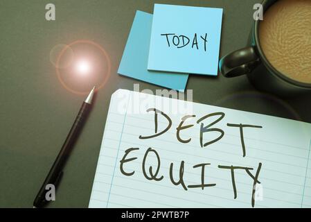 Writing displaying text Debt Equity, Business showcase dividing companys total liabilities by its stockholders Stock Photo