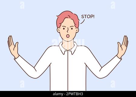 Decisive young man show hand gesture say stop. Angry confident male ...