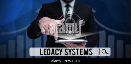 Sign displaying Legacy Systems, Word Written on old method technology computer system or application program Stock Photo