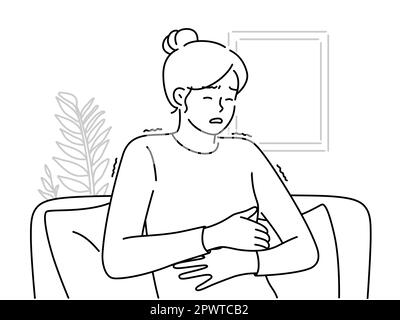 Unhealthy woman sit on couch suffer from stomachache. Unwell female struggle with abdominal pain or cramps. Healthcare. Vector illustration. Stock Photo