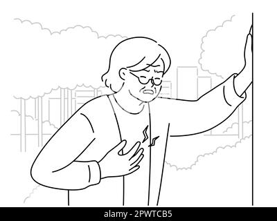 Unhealthy mature woman touch chest suffer from heart attack. Unwell senior grandmother struggle with cardiovascular disease. Vector illustration. Stock Photo