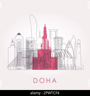 Outline Doha skyline with landmarks. Vector illustration. Business travel and tourism concept with historic buildings. Image for presentation, banner, Stock Photo