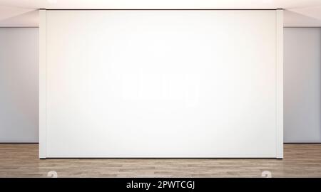 Blank white large gallery wall in studio mockup, front view, 3d rendering. Empty big exhibit or museum interior artwork in lobby on floor mock up. Cle Stock Photo