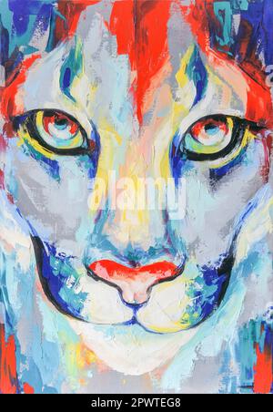 The muzzle of a puma painted in oil on canvas. Stock Photo