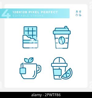 Drinks and desserts pixel perfect blue RGB color icons set Stock Vector