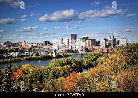 The capital city of St. Paul and the Mississippi River from the south bluffs in Minnesota. Stock Photo