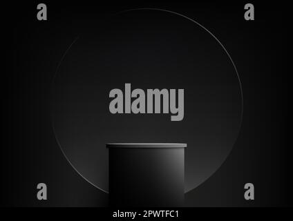 3D realistic empty black podium platform with geometric circle transparent glass backdrop on dark background minimal style . You can use for beauty co Stock Vector