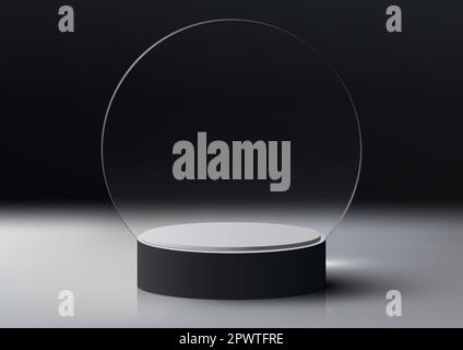 3D realistic empty black and white podium platform with circle transparent glass backdrop on dark background minimal style . You can use for beauty co Stock Vector