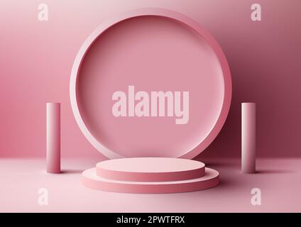 3D realistic modern style empty pink podium stand with pink circle backdrop and geometric elements on pink background and natural lighting. You can us Stock Vector