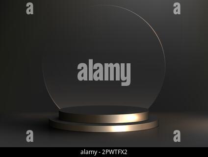 3D realistic modern luxury style gold black cylinder podium platform with transparent glass circle backdrop on dark background. You can use for beauty Stock Vector