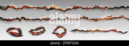 Fire on burnt paper edges. Frames with burn effect with yellow flame, black ash and scorched edges of pages or parchment sheets isolated on transparen Stock Vector