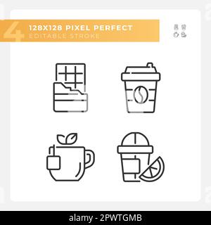 Drinks and desserts pixel perfect linear icons set Stock Vector