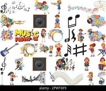 Kids musical instruments and music symbols set illustration Stock Vector