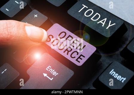Handwriting text Open Source, Word for denoting software which original source code freely available Stock Photo
