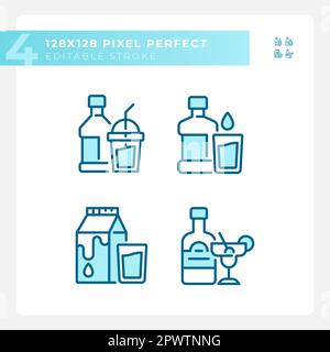 Bottled beverages pixel perfect blue RGB color icons set Stock Vector