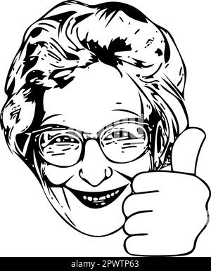 Friendly grandmother showing thumbs up as outline vector. Stock Vector