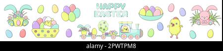 Set of Happy Easter design elements - painted eggs, chicken, rabbit, train, flower, grass with sign. Stock vector illustration in cartoon flat style Stock Vector