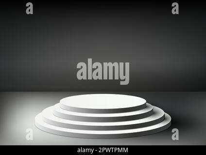 3D realistic empty white podium platform stand level step display on black background. You can use for beauty cosmetic presentation, showcase mockup, Stock Vector