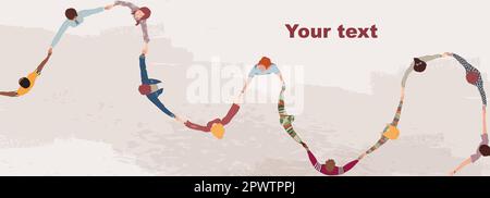 Banner copy space. Volunteer people concept. Multicultural people holding hands. People diversity. Hands in a circle. NGO Aid. Solidarity. Non profit Stock Vector