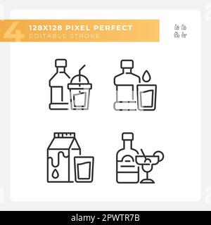 Bottled beverages pixel perfect linear icons set Stock Vector