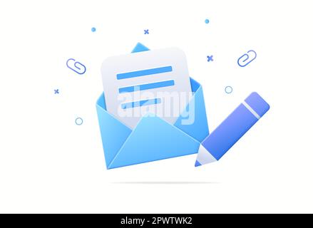 3D icon in letter envelope with pen. Confirmed document or email. Approved Paper. Realistic cartoon icon elements isolated on background. Vector illustration Stock Vector