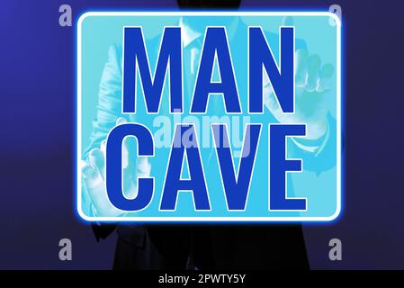 Sign displaying Man Cave, Conceptual photo a room, space or area of a dwelling reserved for a male person Stock Photo